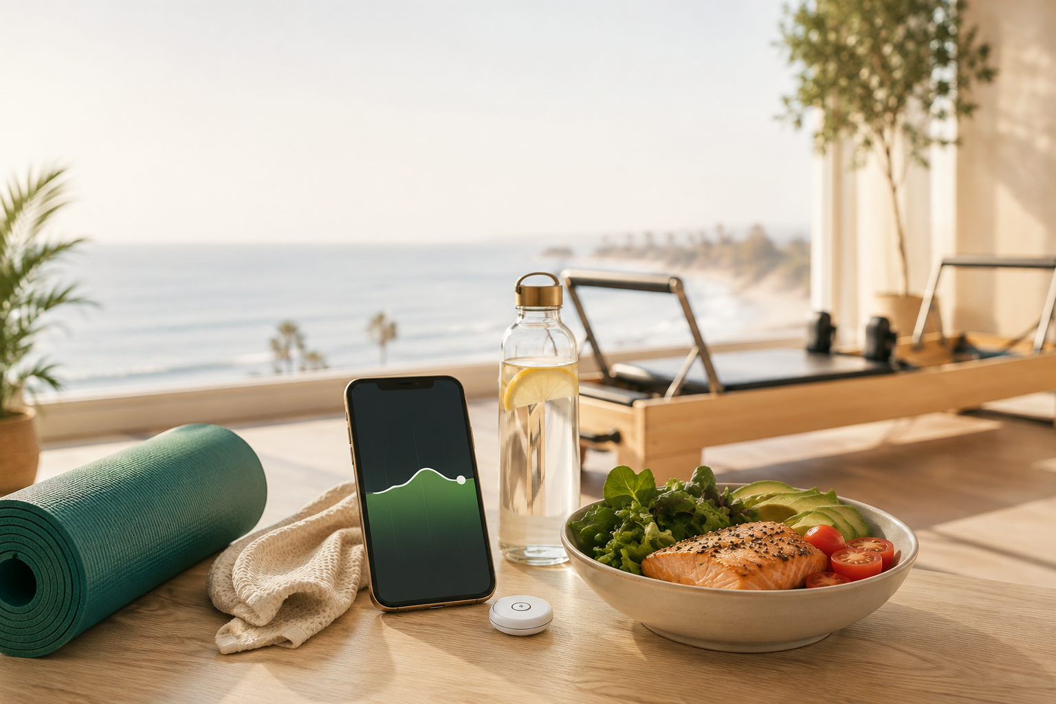 Pilates studio, nutritious meal, water bottle, and phone displaying a glucose trend